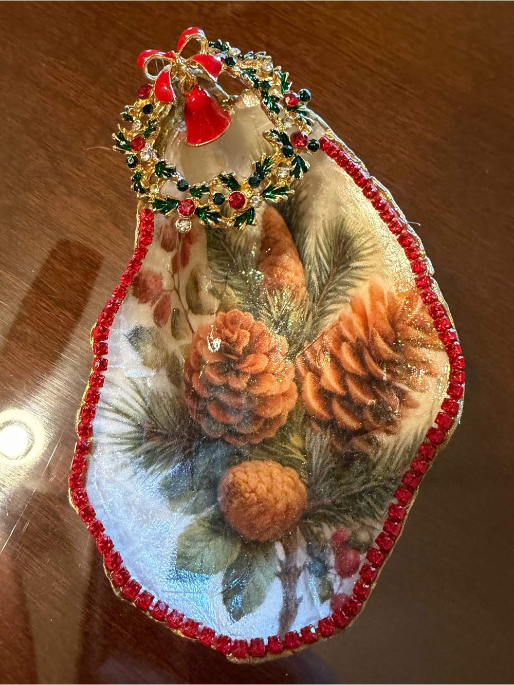 Handmade holiday Christmas pinecone decoupage oyster shell trinket dish